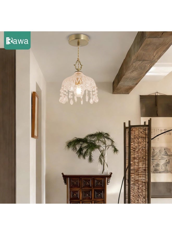 Rawa Small Vintage Crystal Pendant Light Kitchen Island,French Brass Glass Mini Hanging Light,Adjustable Height Single Light Fixture, Gold Antique Chandelier for Bathroom,Dining Room,Bedroom(one pcak) - Image 5